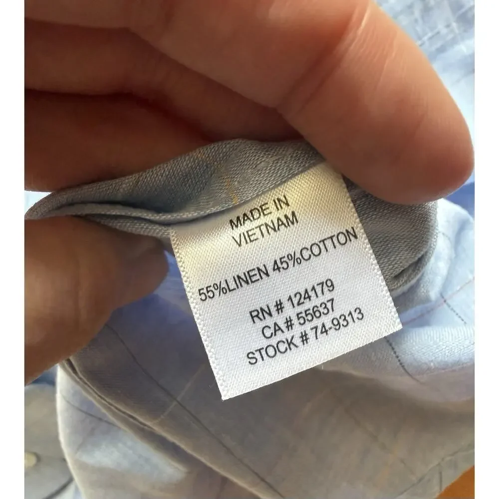 Johnston & Murphy Linen Cotton Long Sleeve Button Up Blue Check Shirt L